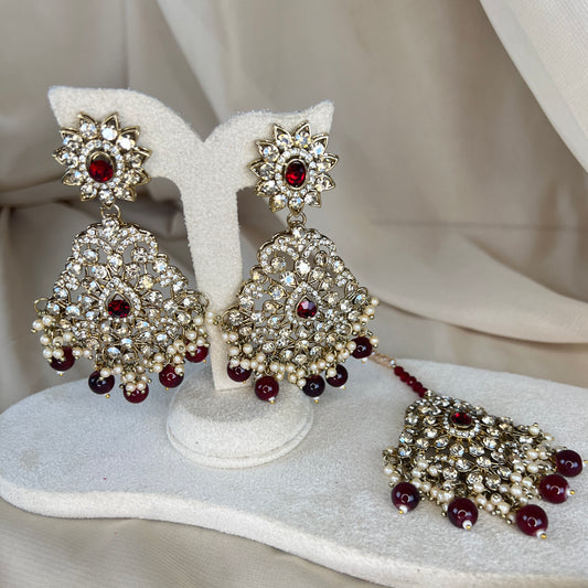 Maroon and Gold Earring & Tikka Set