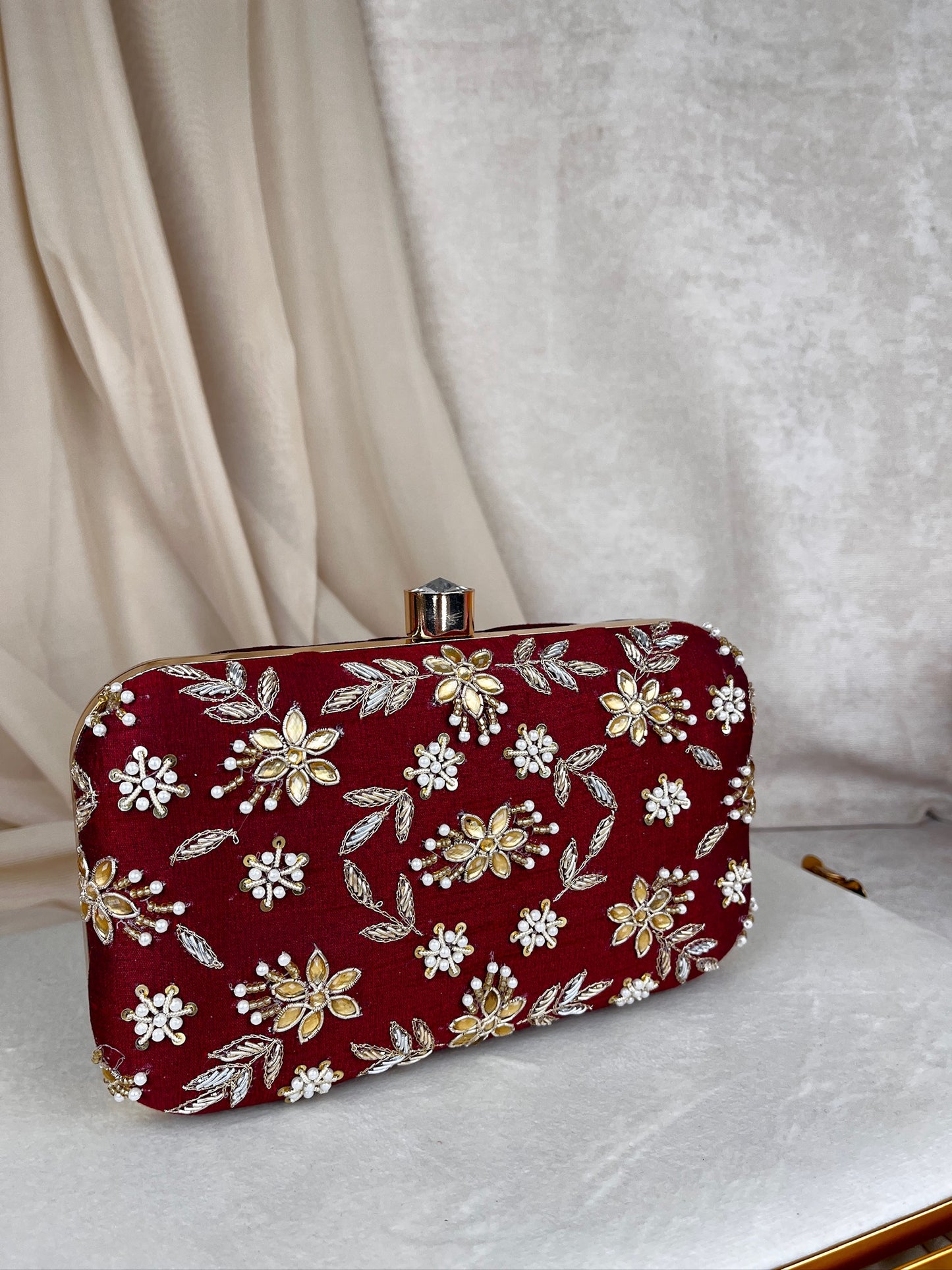 Embroidered Pearl Flower Clutch
