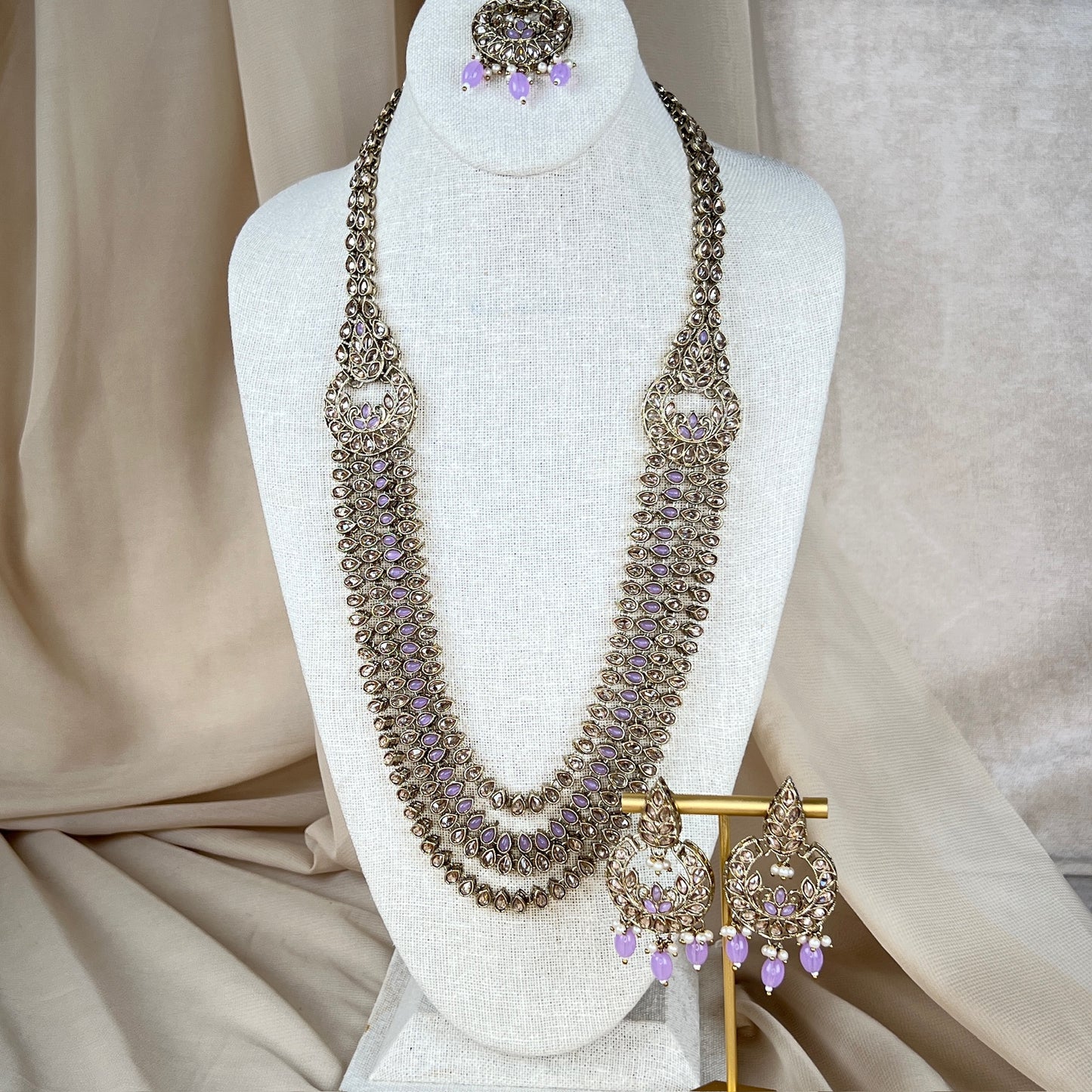 Polki Lavender Long Necklace Set | Mala | Haar