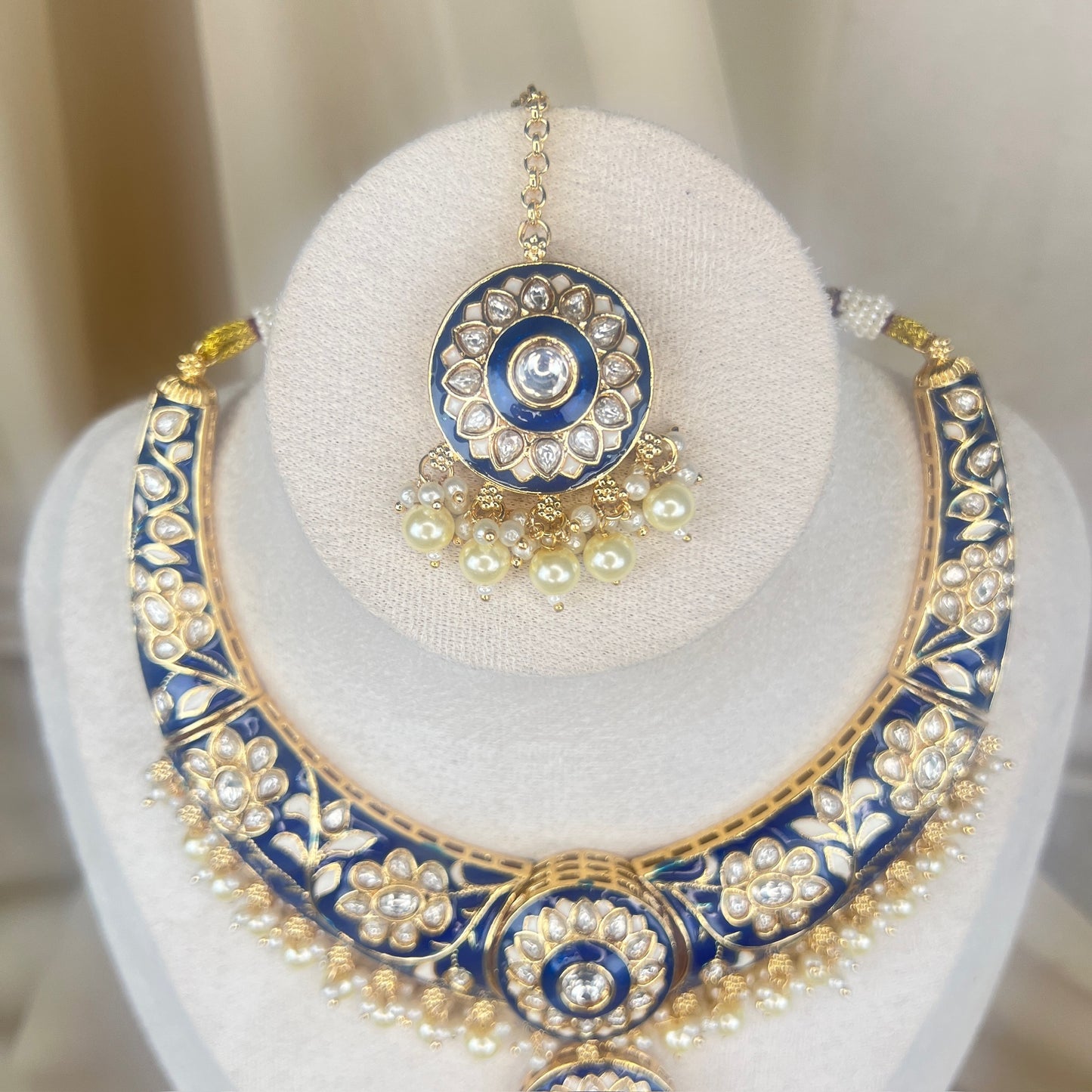 Blue Meena Kari Kundan Necklace Set