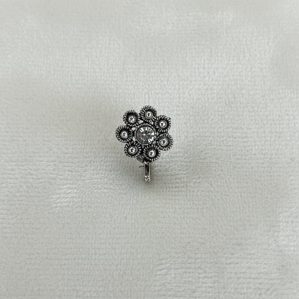 Oxidized Silver Flower Clip On Nose Ring
