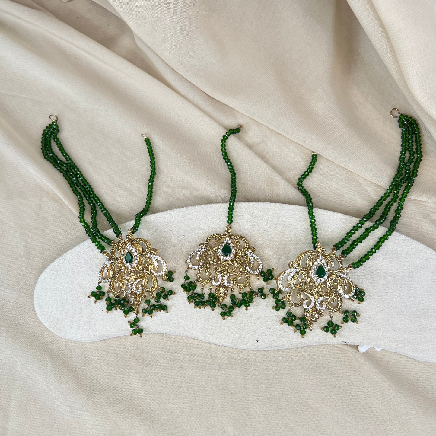 Pakistani Green & Gold Earring/Tikka set with earchain