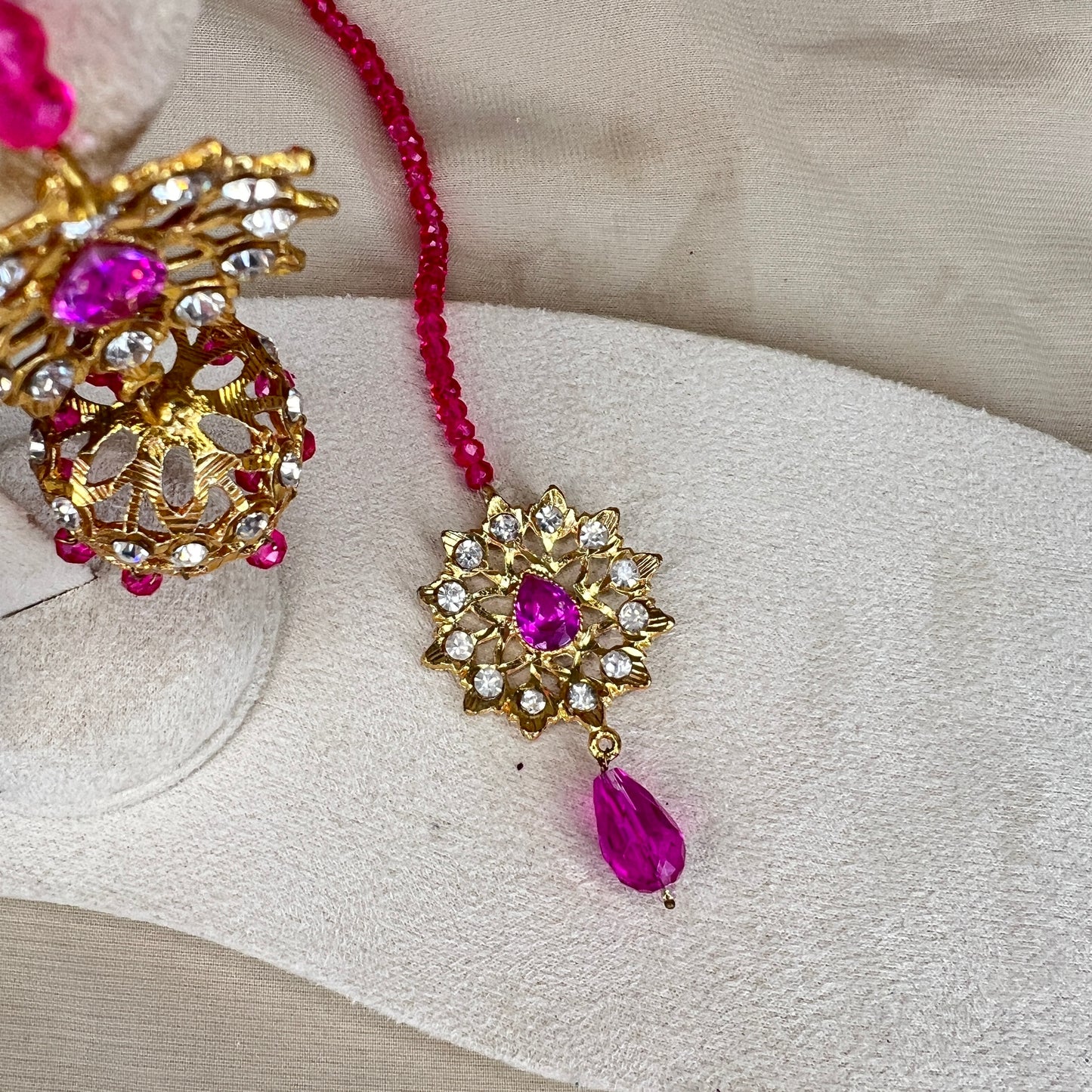 Gold Hyderabadi Style Jhumka Earring & Tikka Set