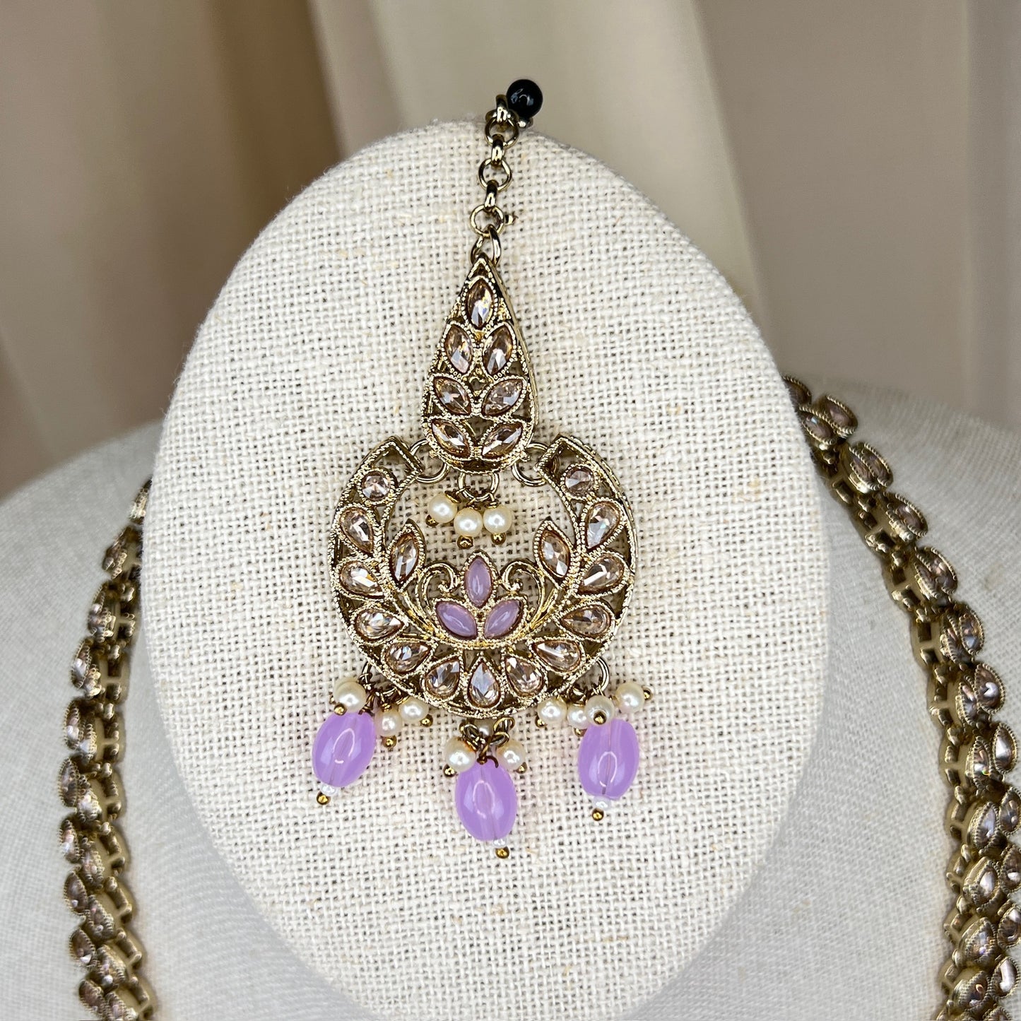 Polki Lavender Long Necklace Set | Mala | Haar