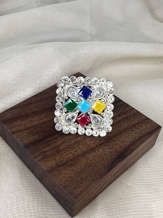Silver Square Multicolor Ring