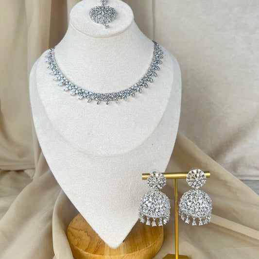 American Diamond | AD | Dainty Necklace Set w/Jhumkas