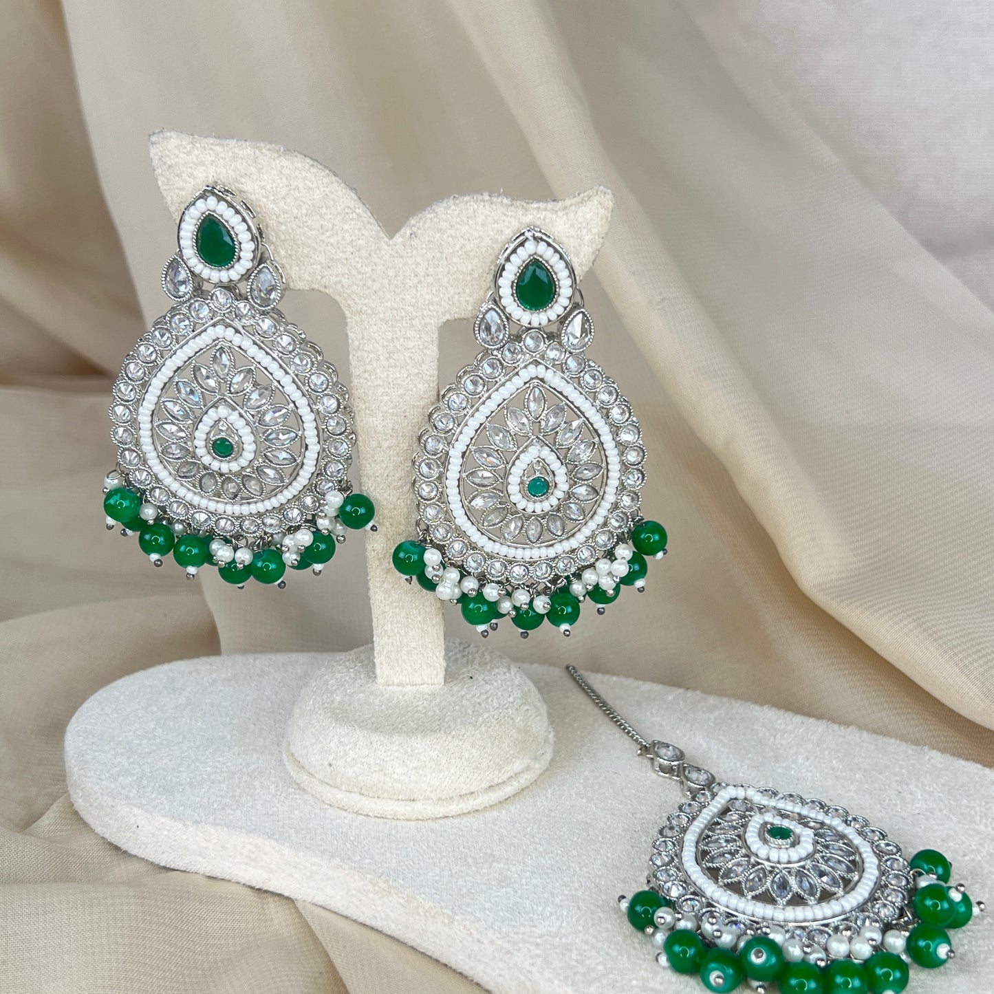 Silver Polki Earring and Tikka Set