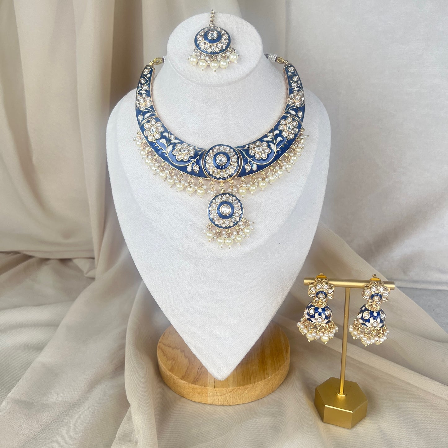 Blue Meena Kari Kundan Necklace Set