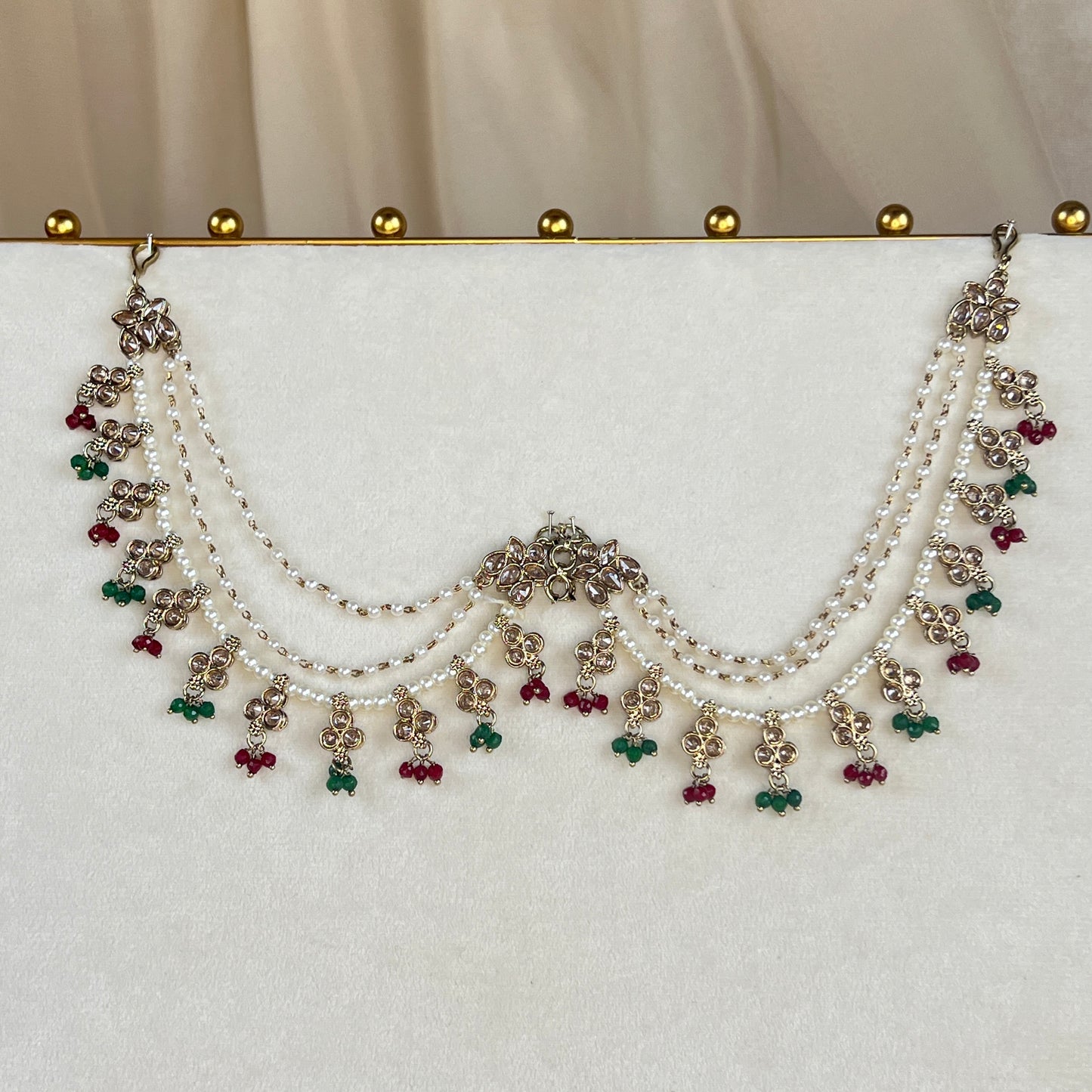 Layered Pearl Polki Bridal Attachable Ear Chains | Sahare | Earring Support