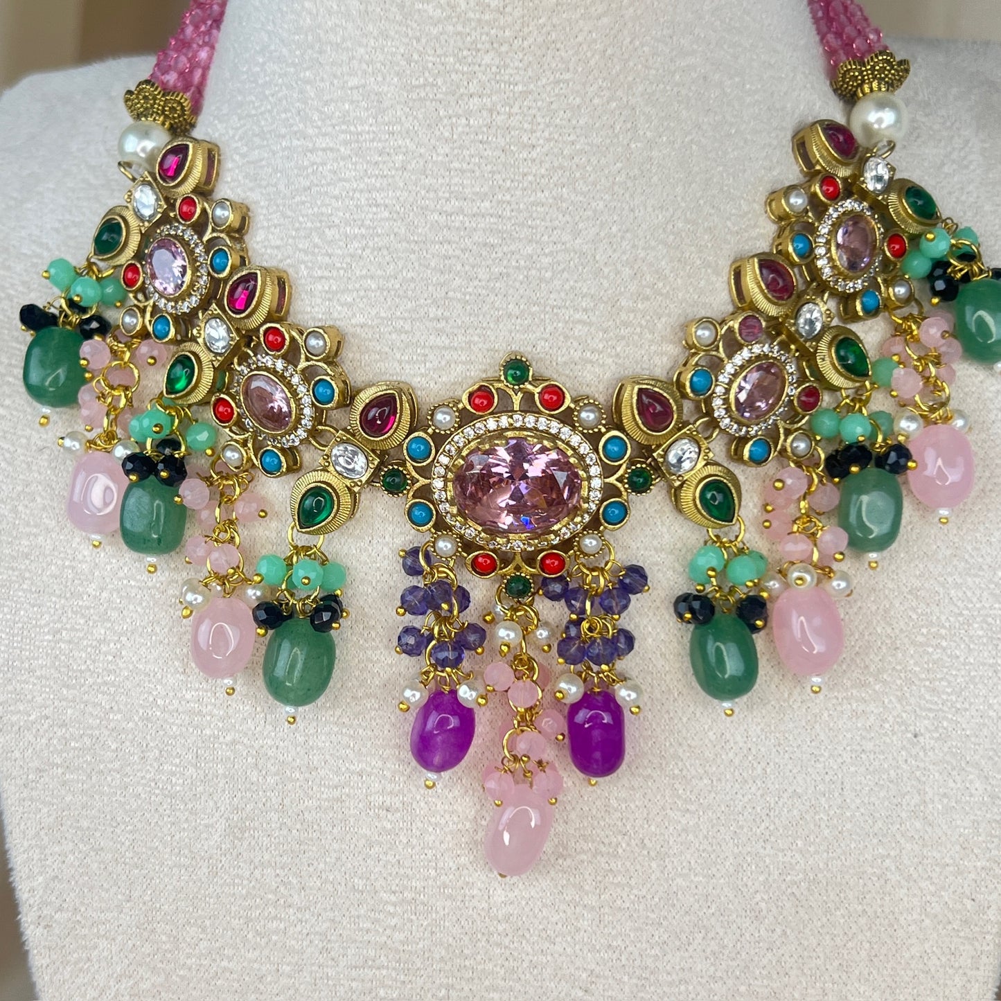 Victorian Kundan Multicolor Necklace Set w/Earrings