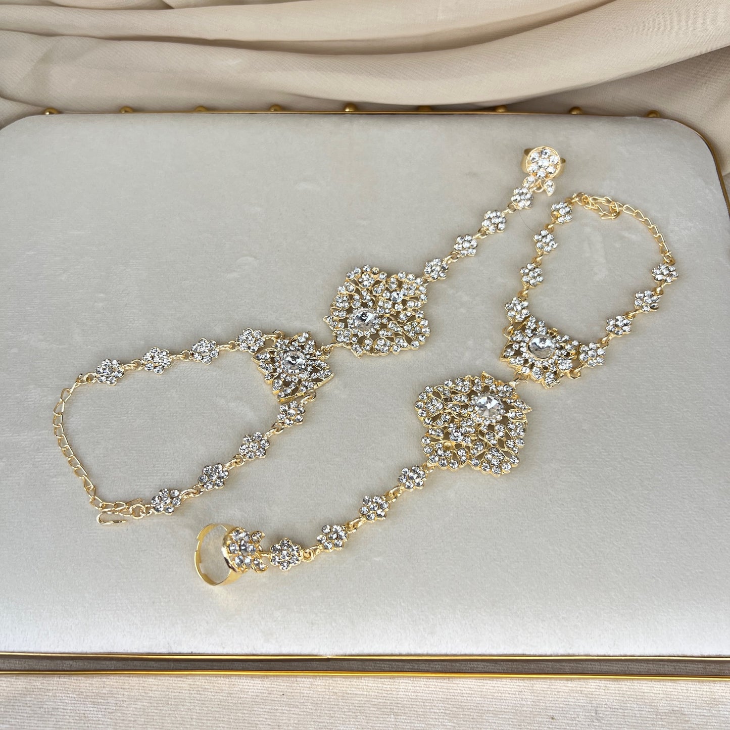 White Pearl Gold Hand Bracelet | Haath Panja