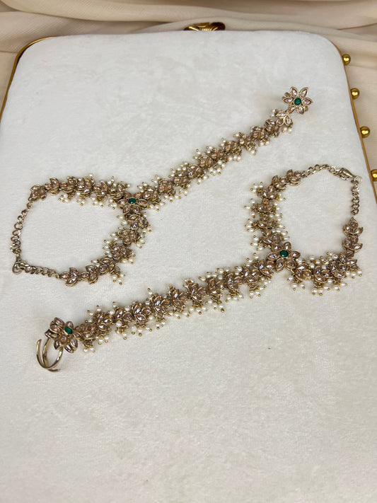 Polki Pearl Ring Hand Bracelet Pair