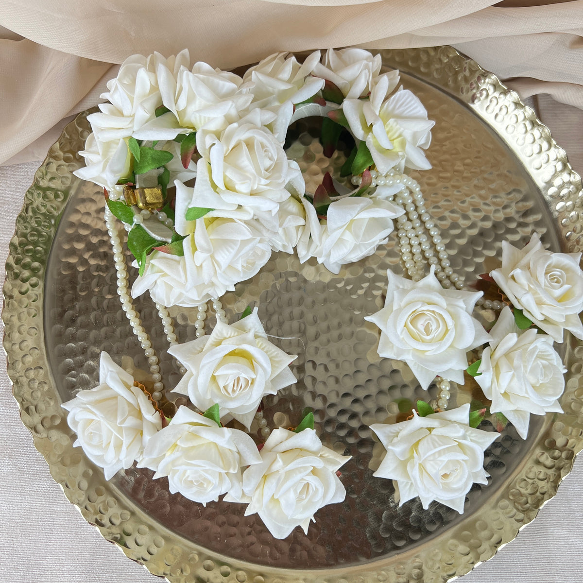 Hand Faux Rose | Baby Breath Gajra w/ Hanging Roses| Bangle Pair