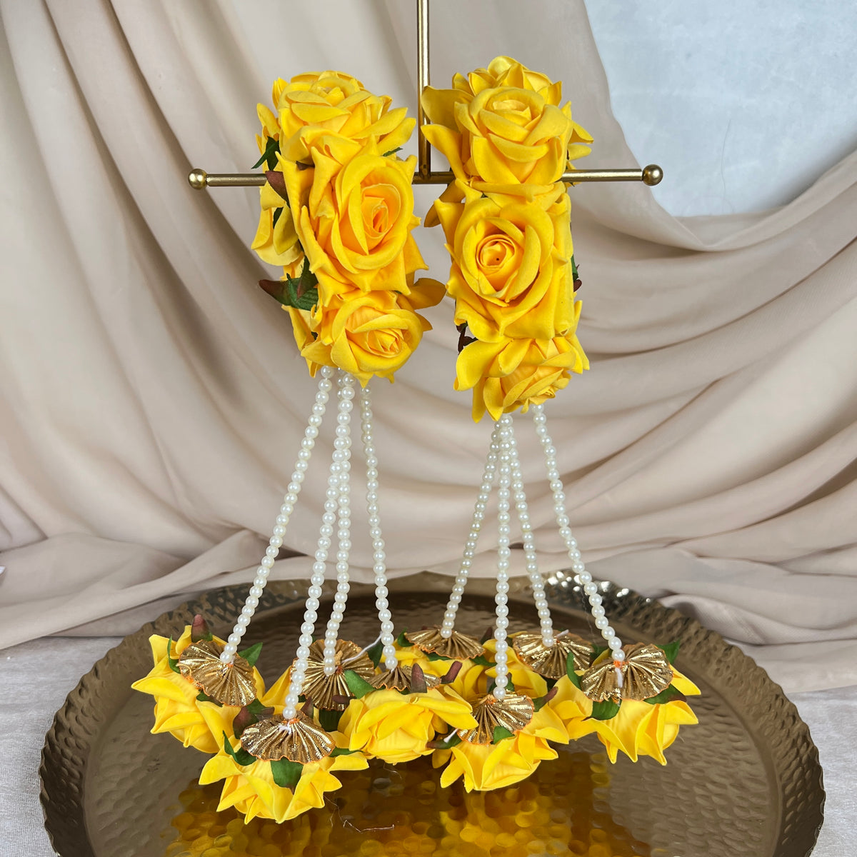 Hand Faux Rose | Baby Breath Gajra w/ Hanging Roses| Bangle Pair