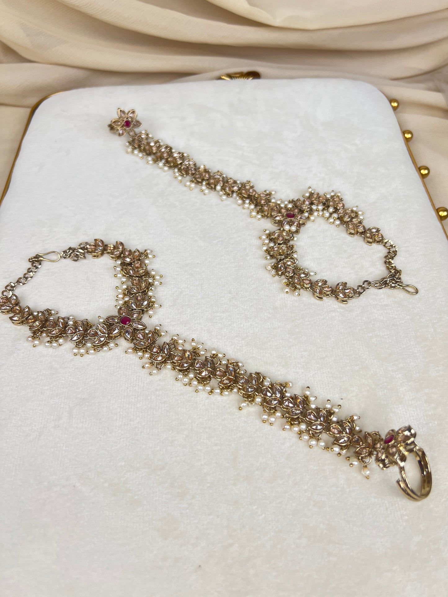 Polki Pearl Ring Hand Bracelet Pair