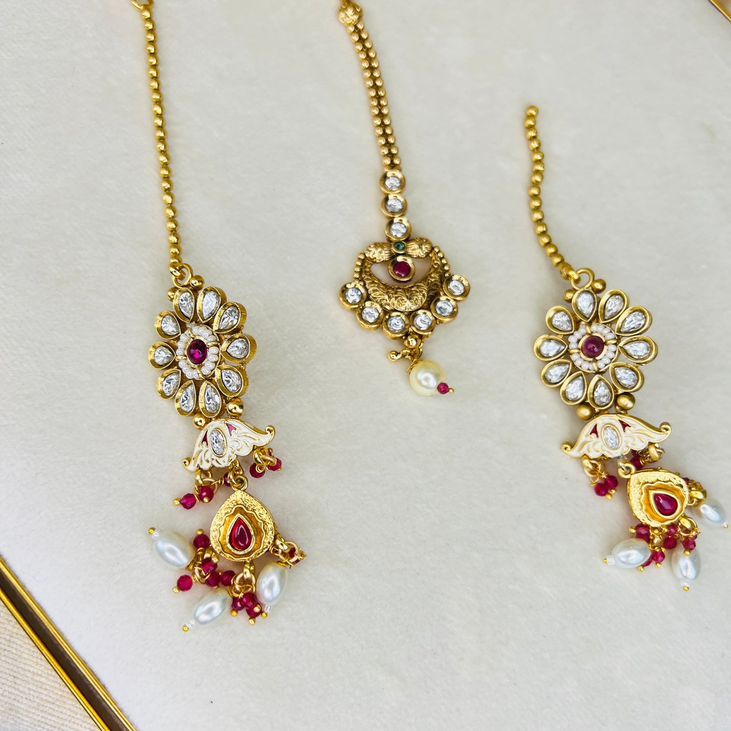 Gold & Red Kundan Semi Bridal Necklace Set