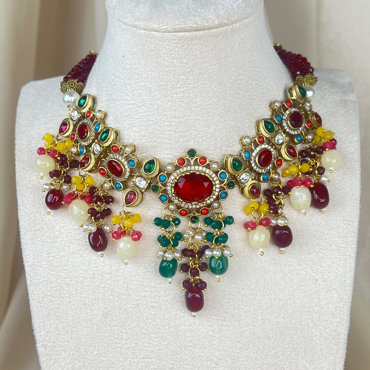 Victorian Kundan Multicolor Necklace Set w/Earrings