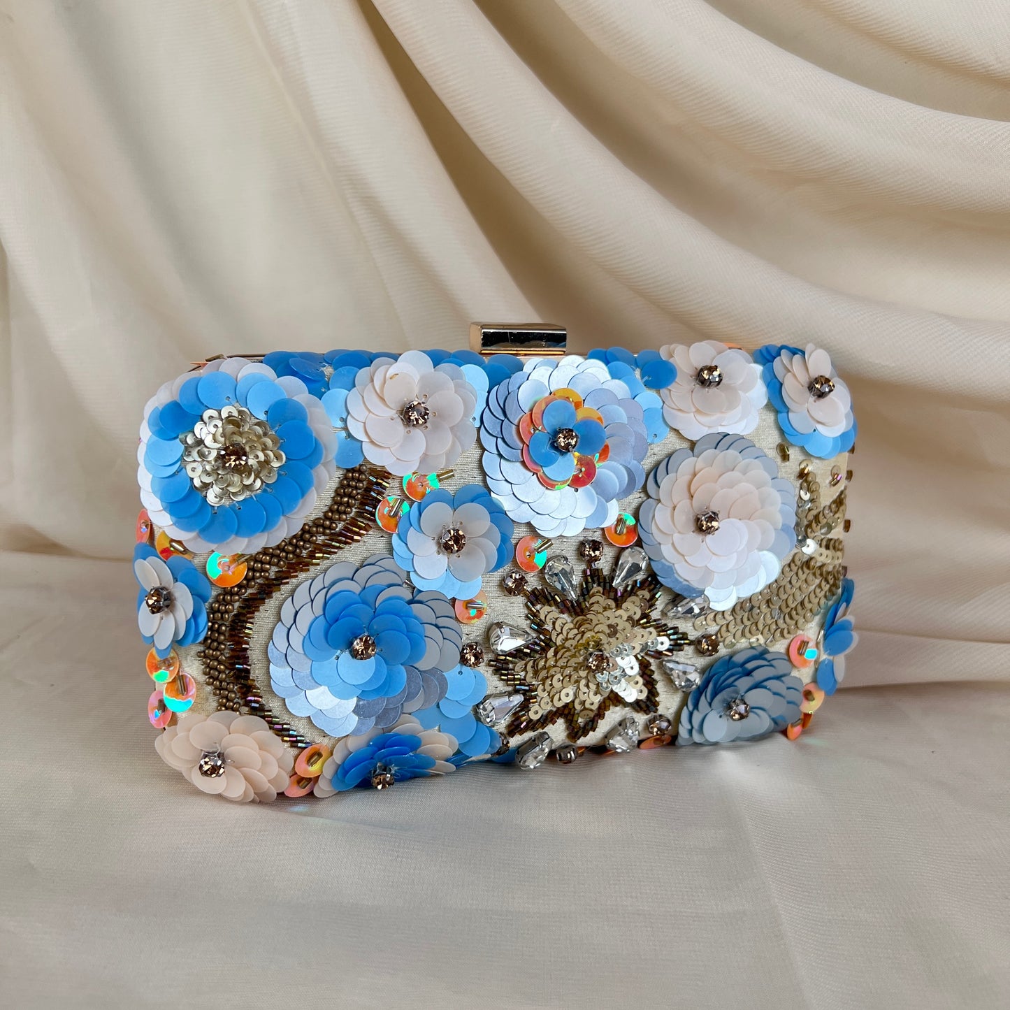 Light Blue Sequined Embroidered Clutch