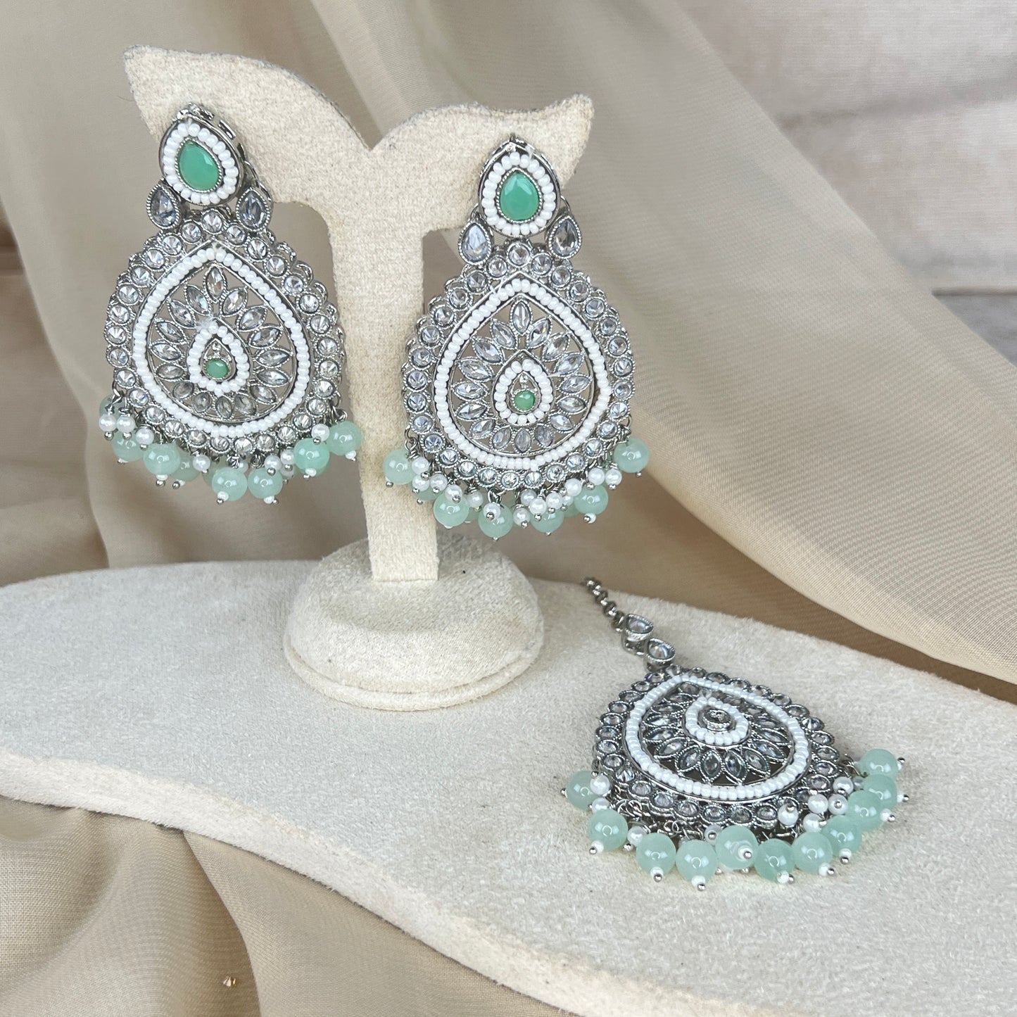 Silver Polki Earring and Tikka Set