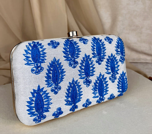 White & Blue Embroidered Clutch