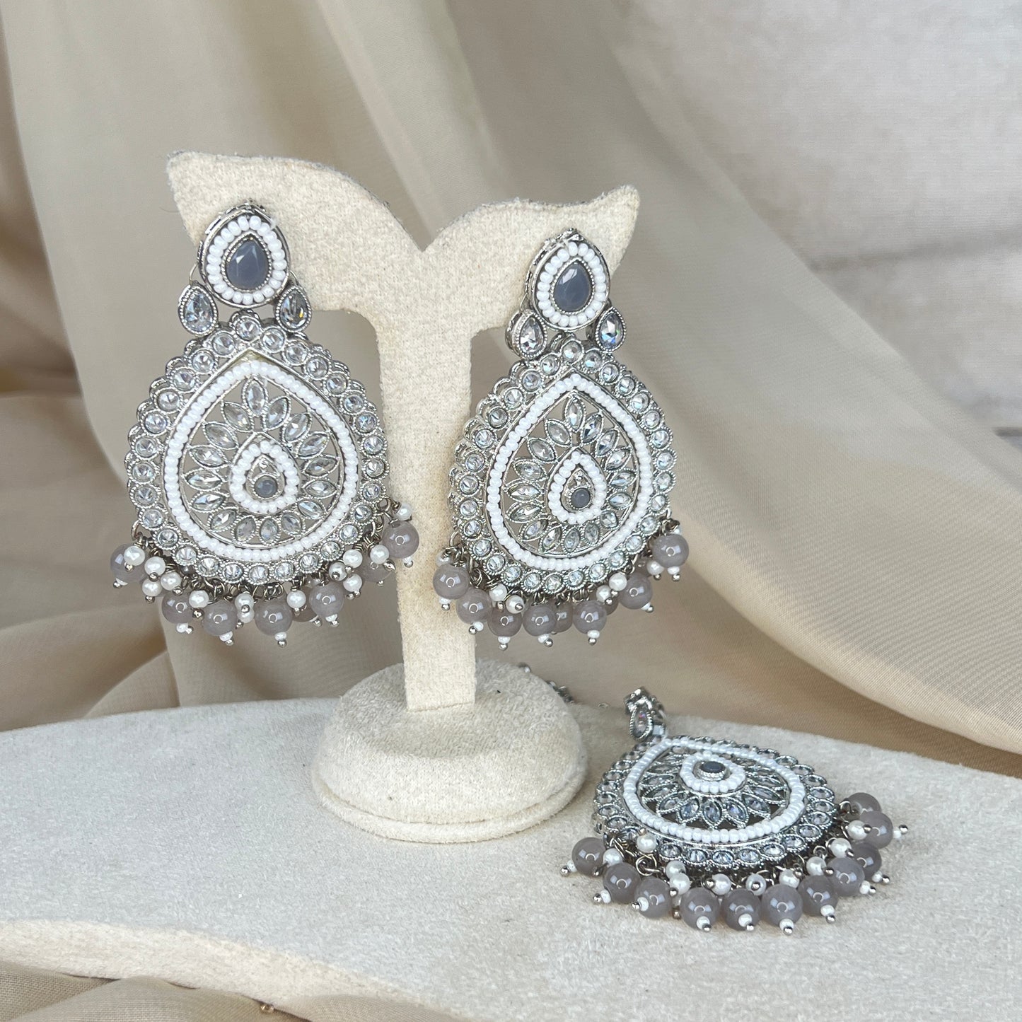 Silver Polki Earring and Tikka Set