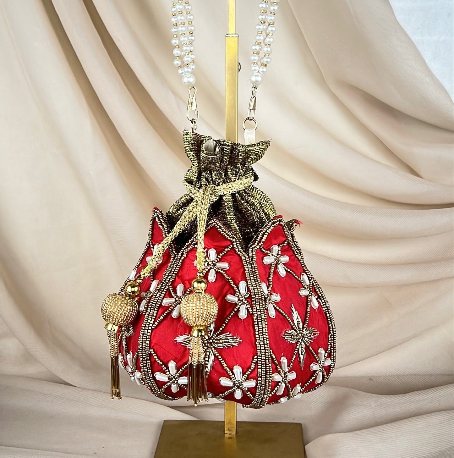 Embroidered Pearl Lotus Shaped Potli | Purse