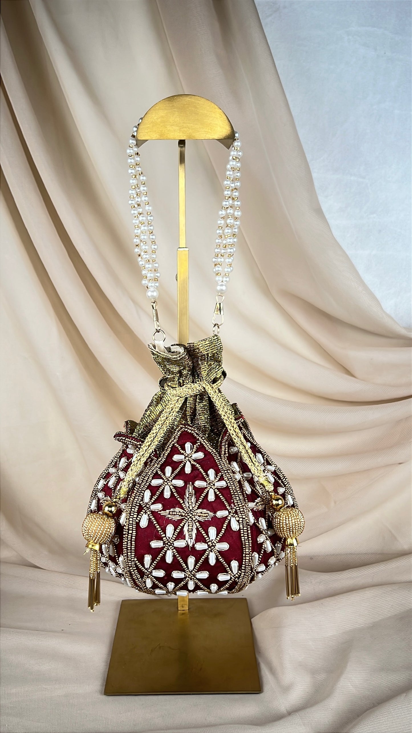 Embroidered Pearl Lotus Shaped Potli | Purse