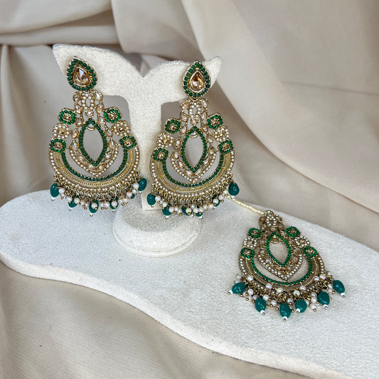 Green Oversized Earring and Tikka Set