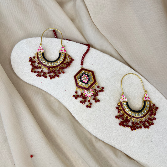 Meena Kari Hoop Earring and Tikka Set