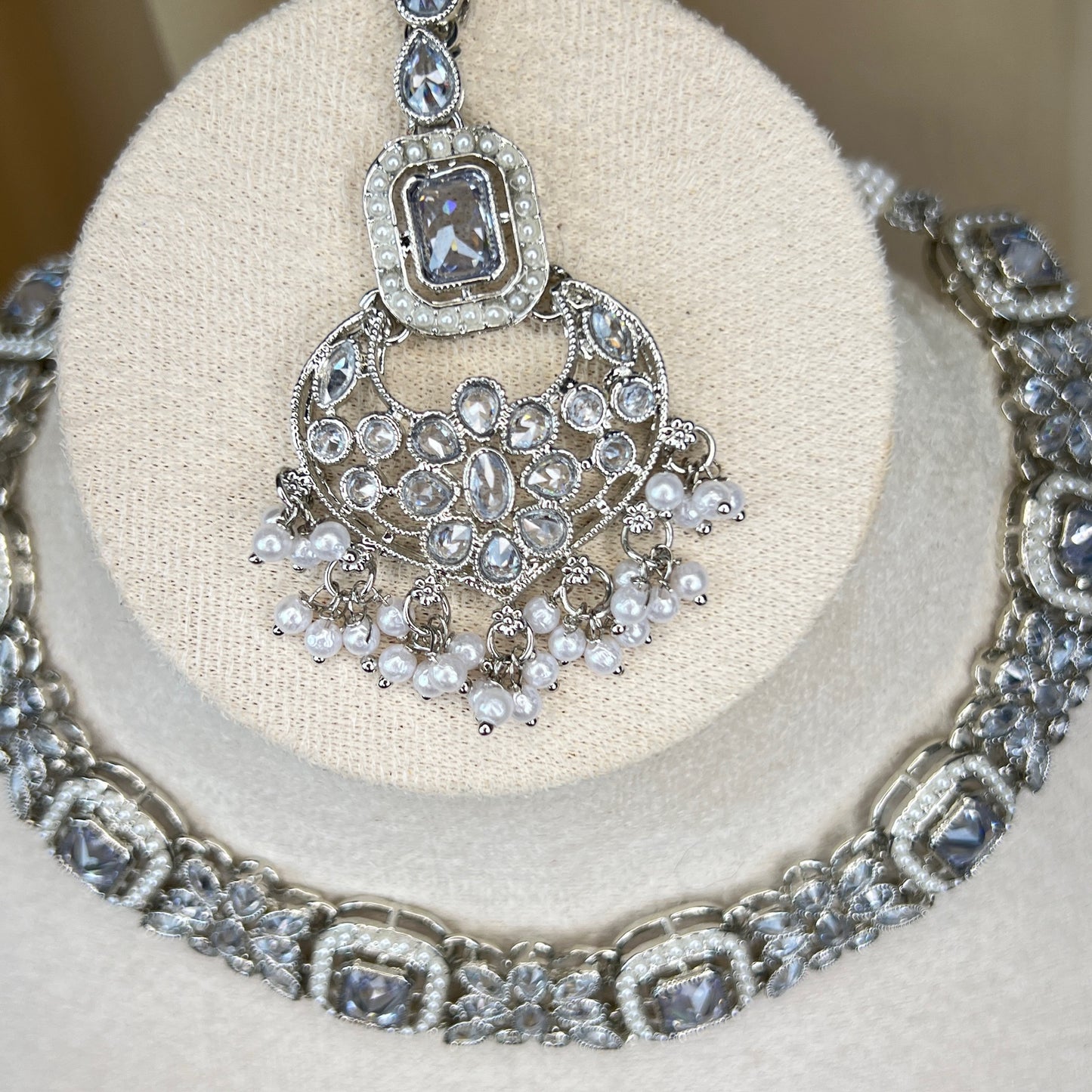 Dainty Silver Necklace Set w/Earrings & Tikka