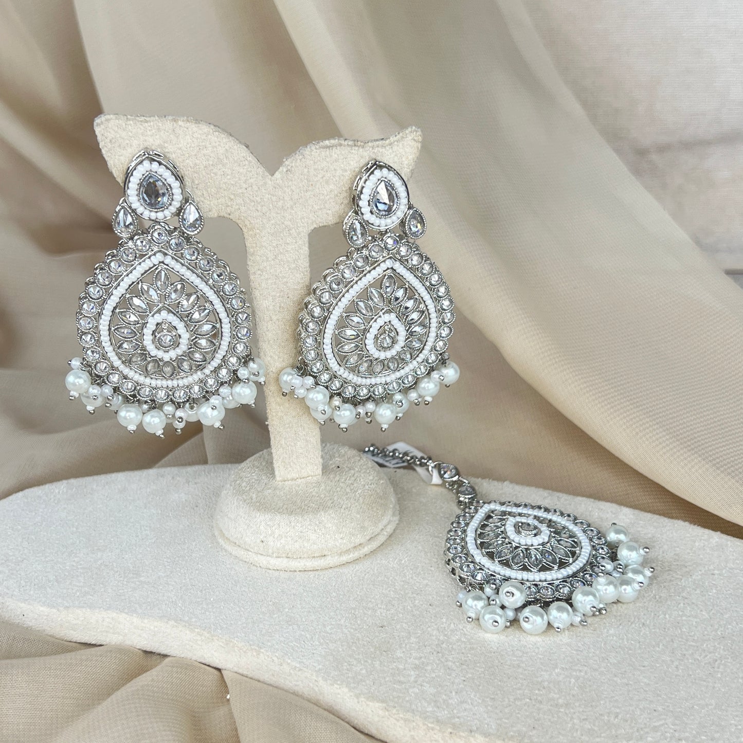 Silver Polki Earring and Tikka Set