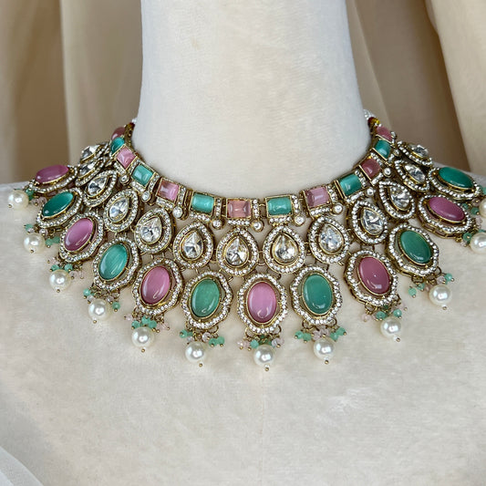 Victorian White Gold Kundan Semi Bridal Set