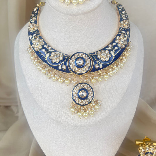 Blue Meena Kari Kundan Necklace Set