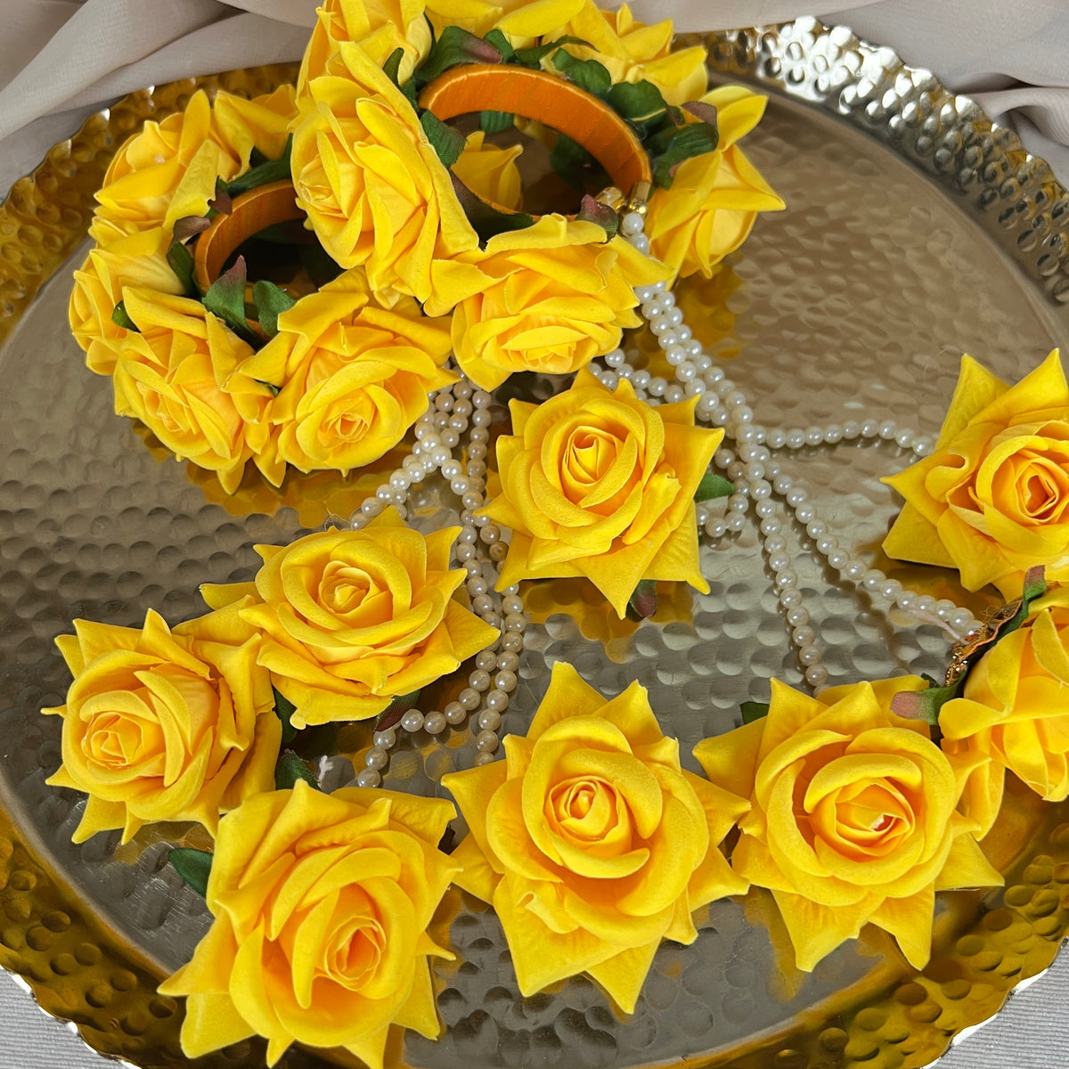 Hand Faux Rose | Baby Breath Gajra w/ Hanging Roses| Bangle Pair