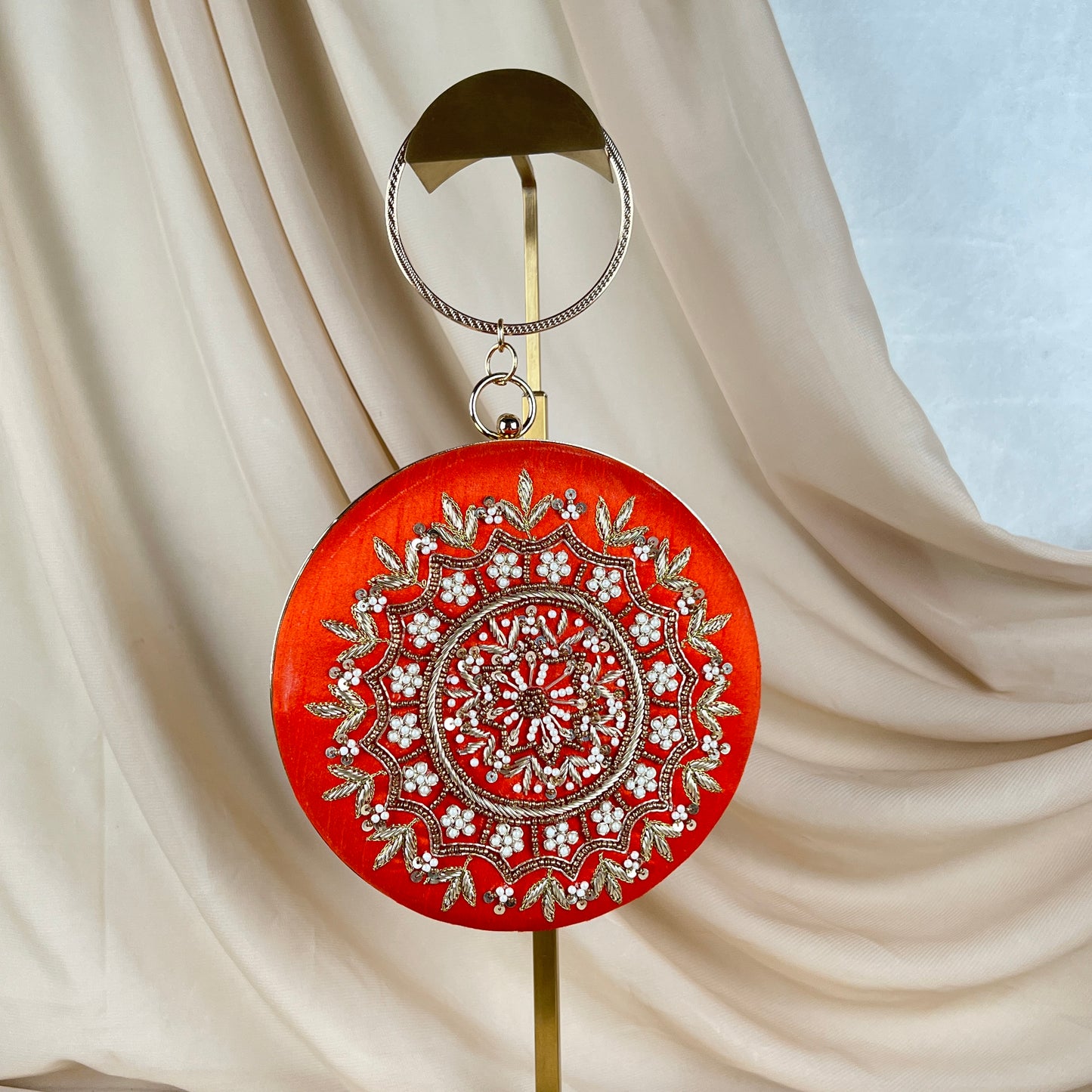 Round Embrodiered Clutch with Bangle handle