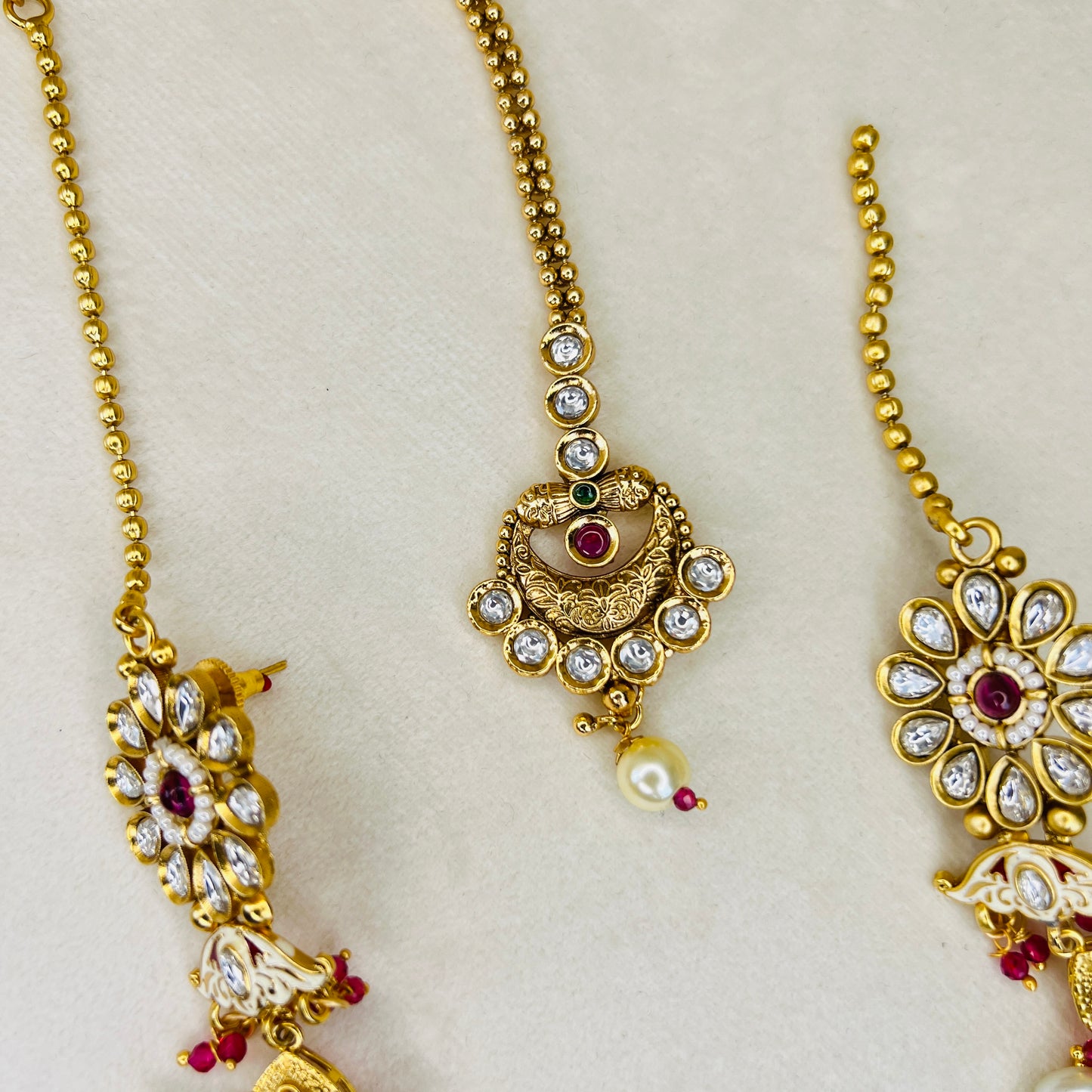 Gold & Red Kundan Semi Bridal Necklace Set