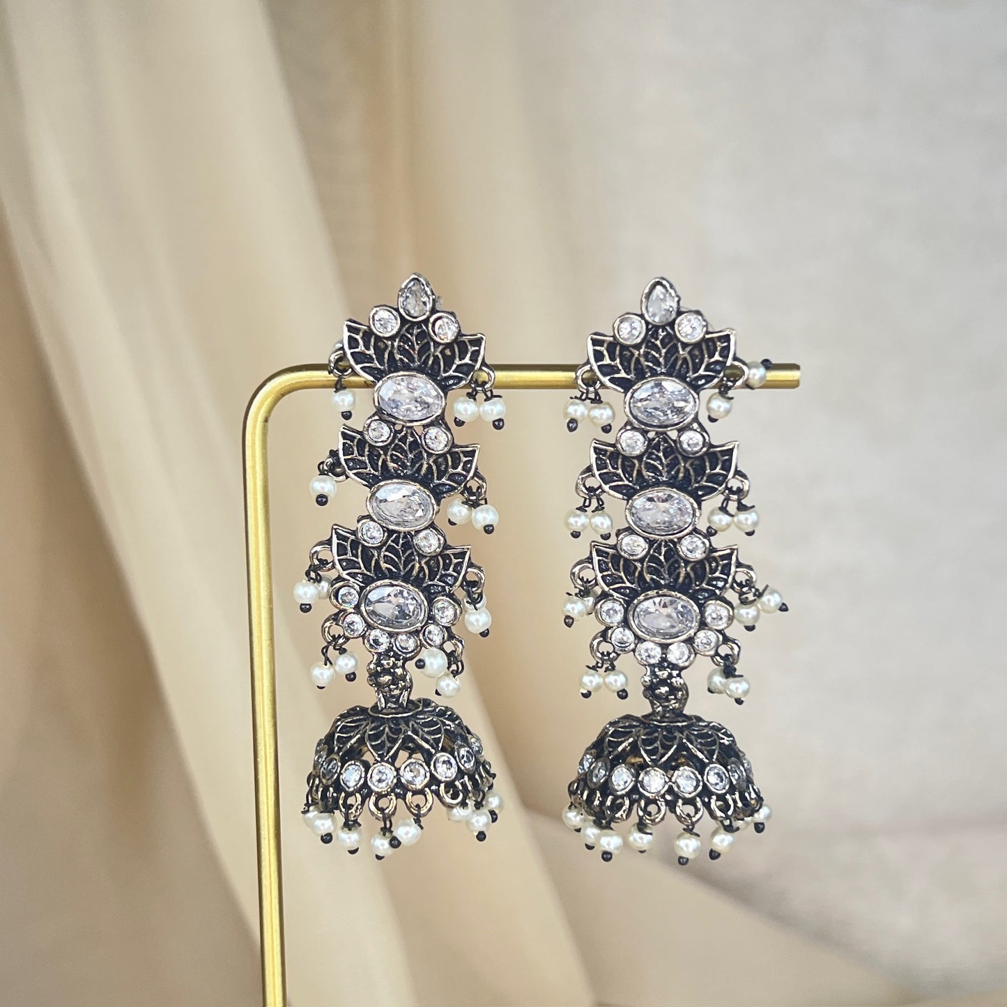 German Silver Oxidized Stone Jhumka