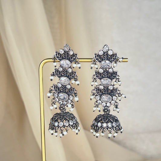 German Silver Oxidized Stone Jhumka