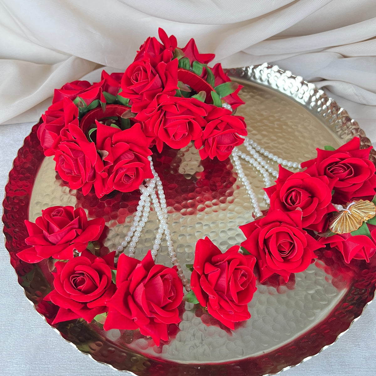 Hand Faux Rose | Baby Breath Gajra w/ Hanging Roses| Bangle Pair