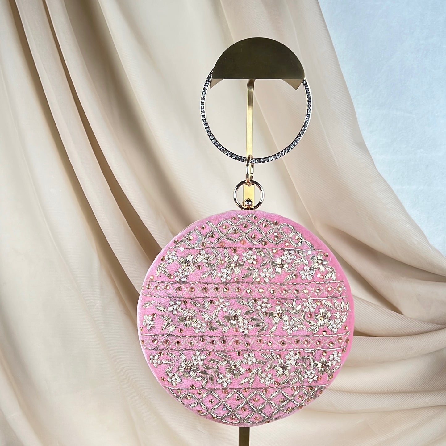 Round Embrodiered Clutch with Bangle handle