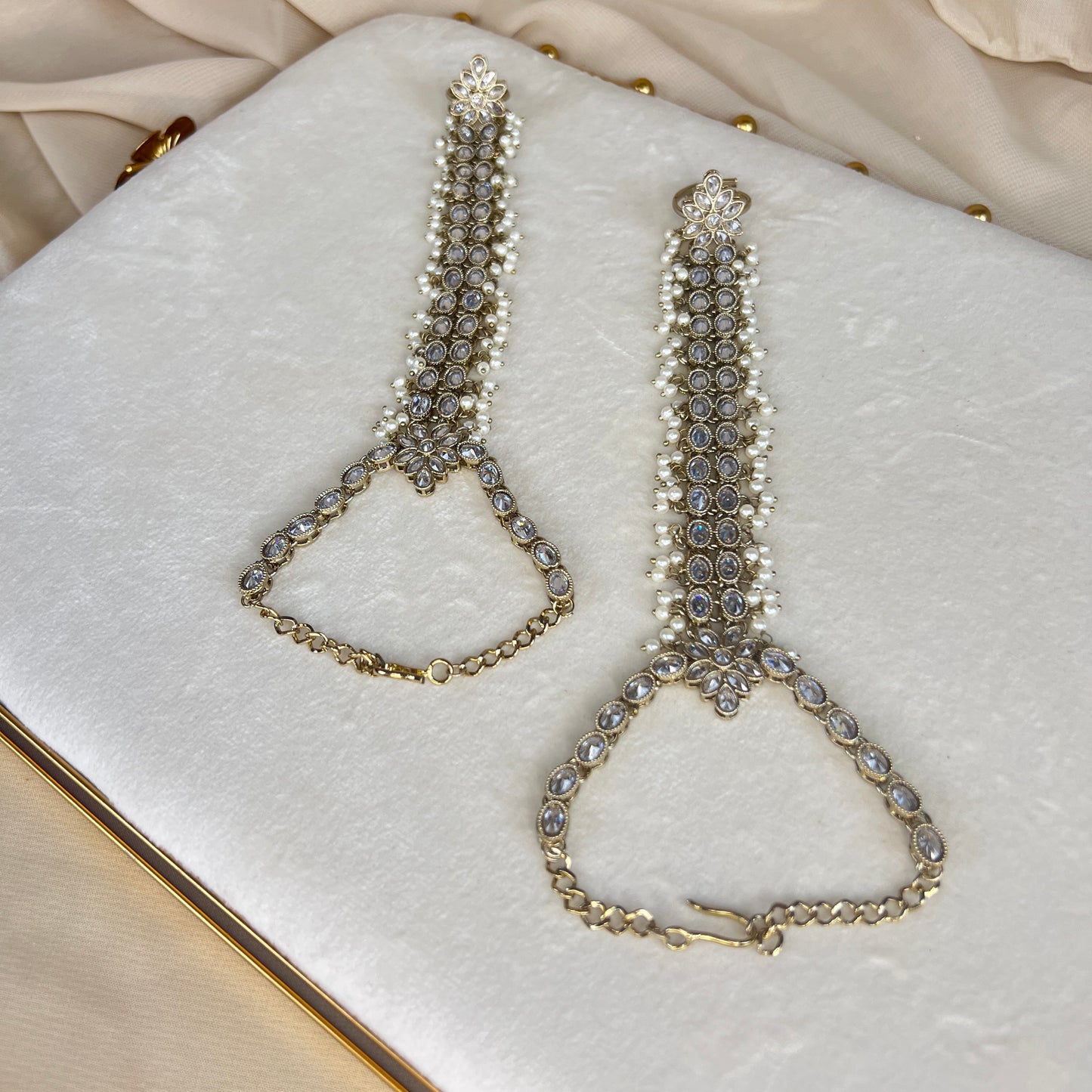 White Pearl Gold Hand Bracelet | Haath Panja