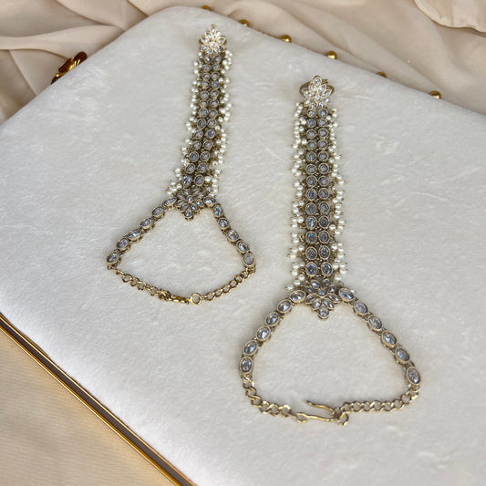 White Pearl Gold Hand Bracelet | Haath Panja