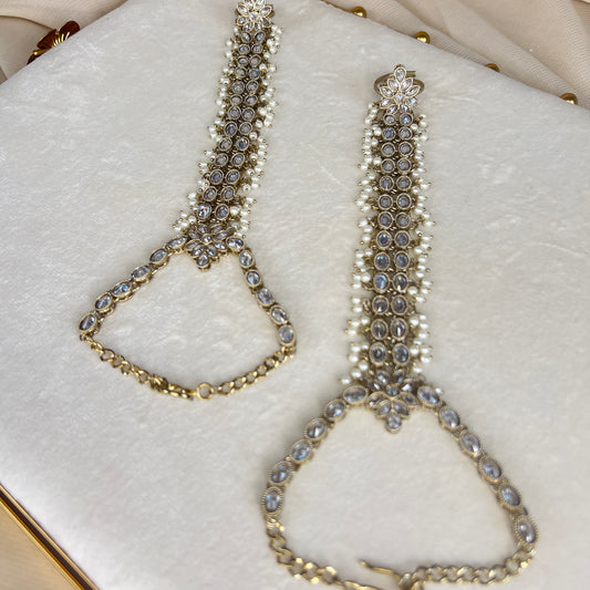 White Pearl Gold Hand Bracelet | Haath Panja