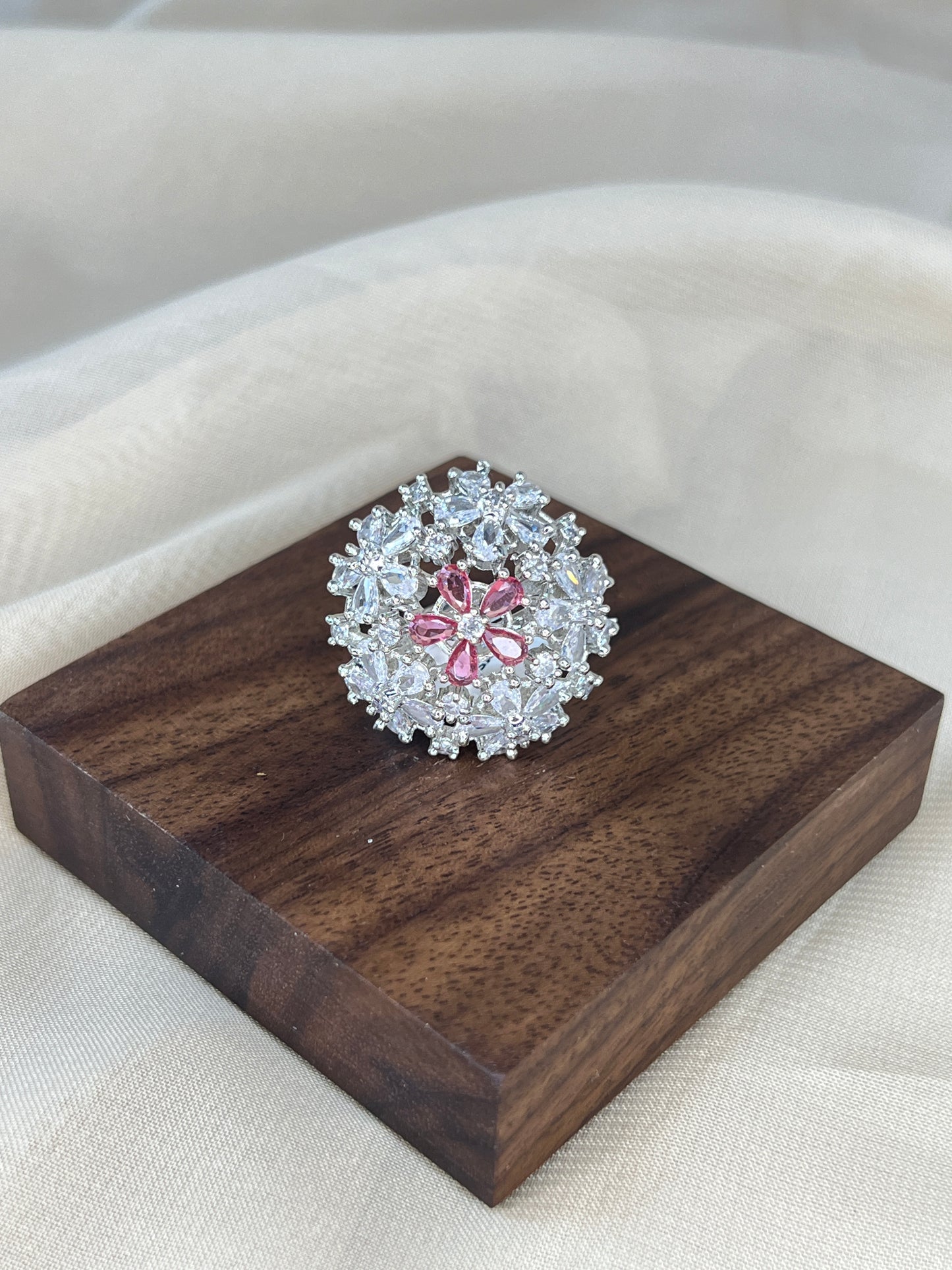 Flower American Diamond Adjustable Ring