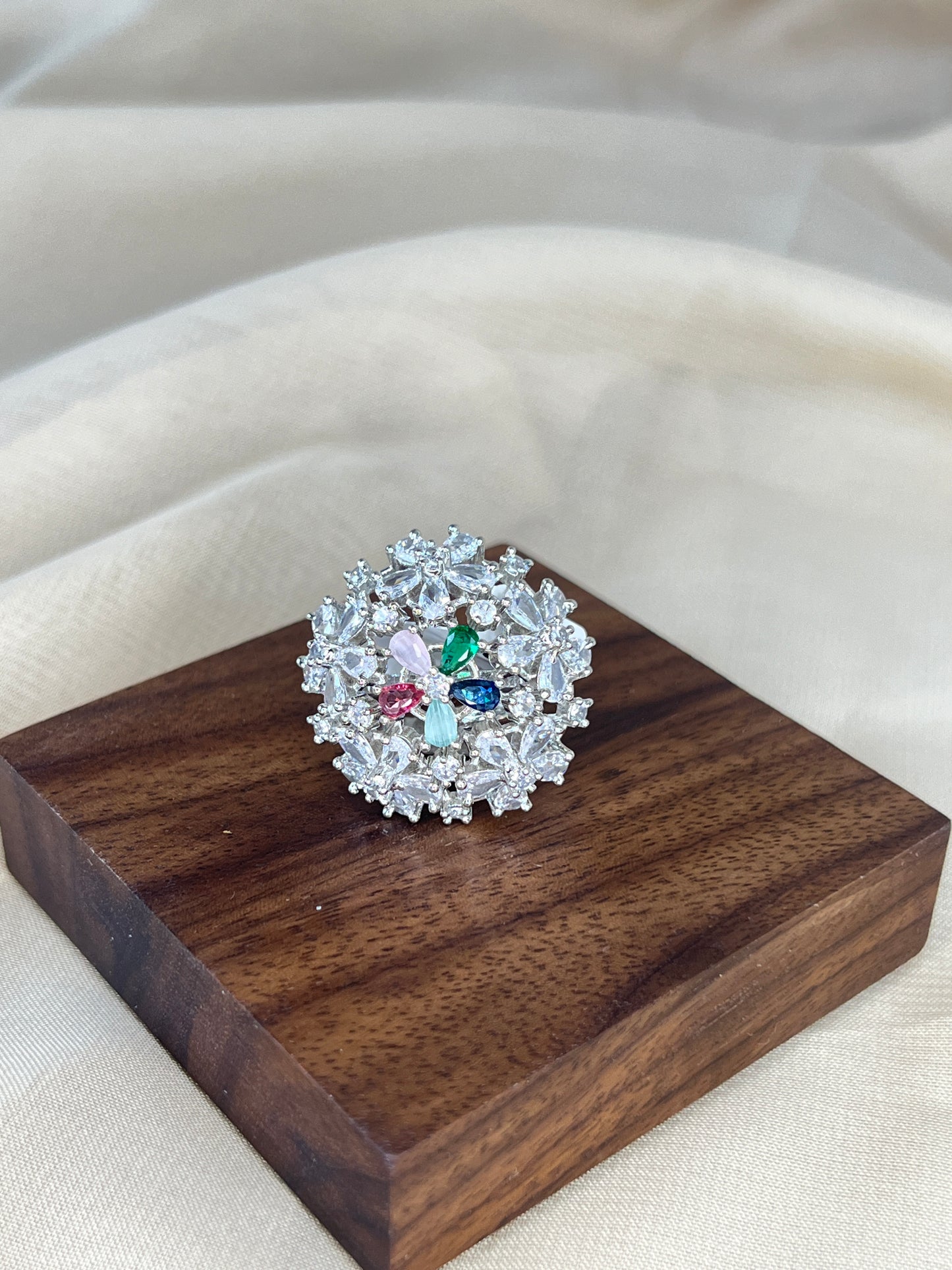Flower American Diamond Adjustable Ring