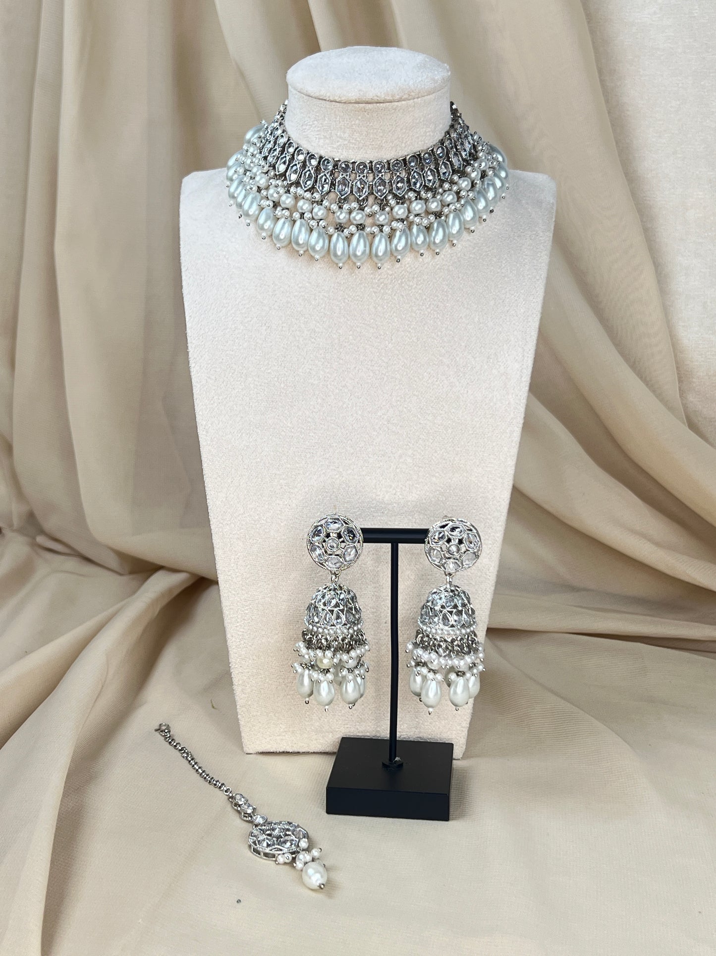 Silver Pearl Choker Set with Large Jhumka Earrings
