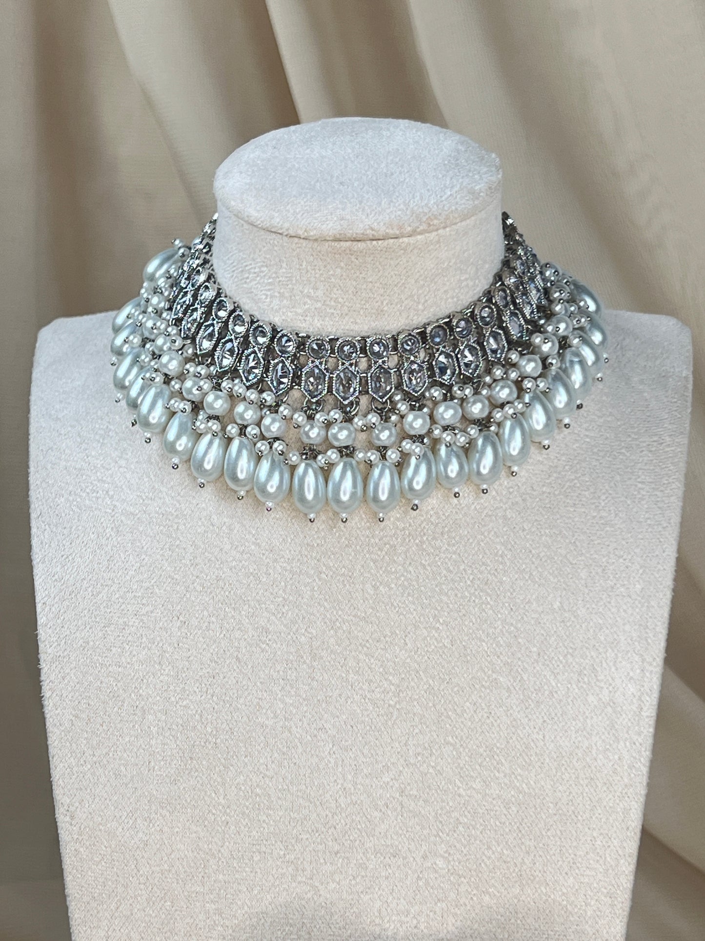 Silver Pearl Choker Set with Large Jhumka Earrings