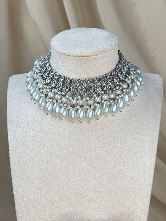 Silver Pearl Choker Set with Large Jhumka Earrings