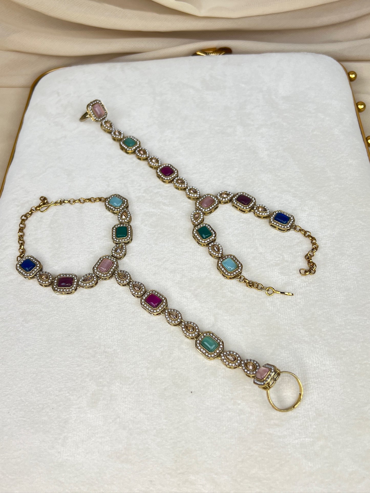 Nauratan Polki Hand Bracelet Ring Pair