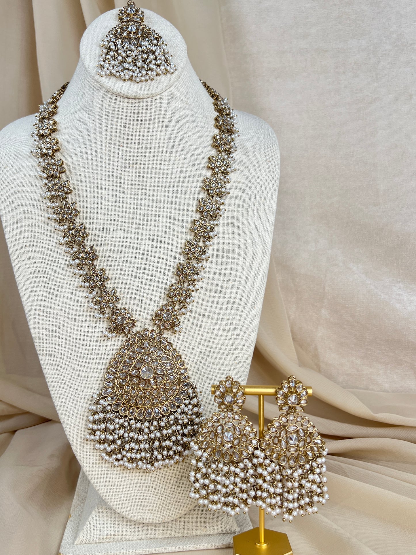 Large Long Polki Pearl Necklace Set